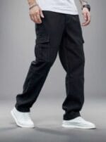 N Club Men's Black Baggy Cargo Jeans featuring multiple pockets and a relaxed streetwear fit