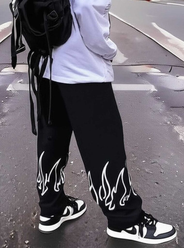 Man in N Club black flame print jeans and white sneakers standing on an asphalt road, hand in pocket.